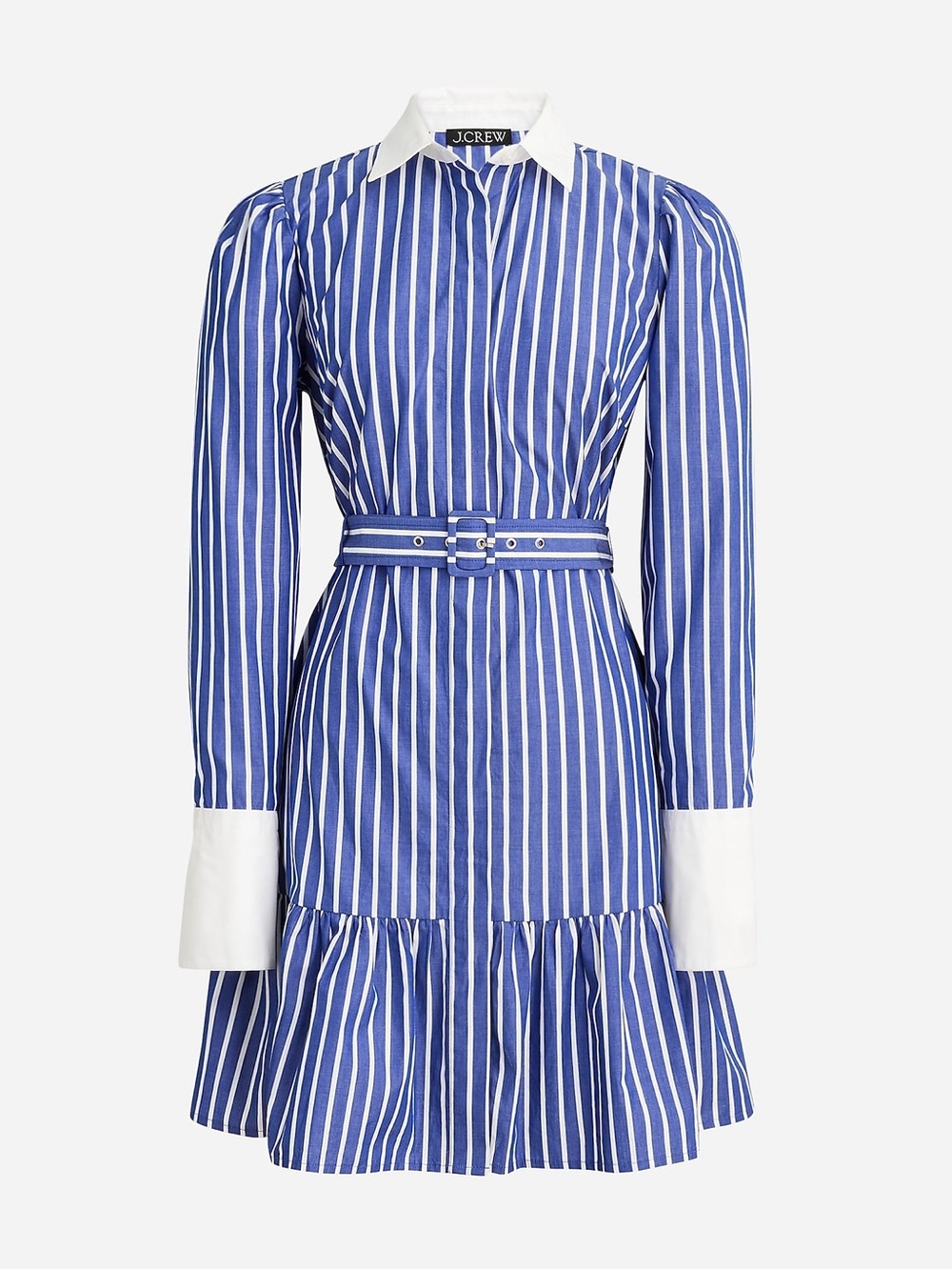 J. Crew Classic Preppy Blue & White Striped Belted Shirt Dress w/Contrast Collar